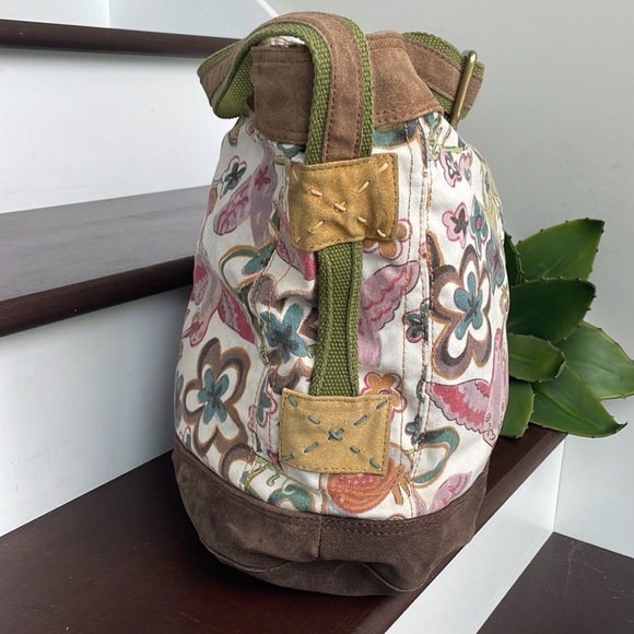 Lucky Brand Shoulder Bag Multicolor Floral Canvas Genuine Suede Boho Chic Tote - Picture 3 of 10